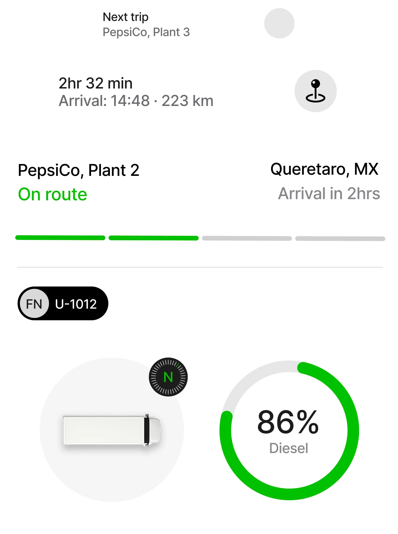 ancor app monitoring unit U-1012 on route to PepsiCo Plant 2, arrival in 2 hours, diesel at 86%.