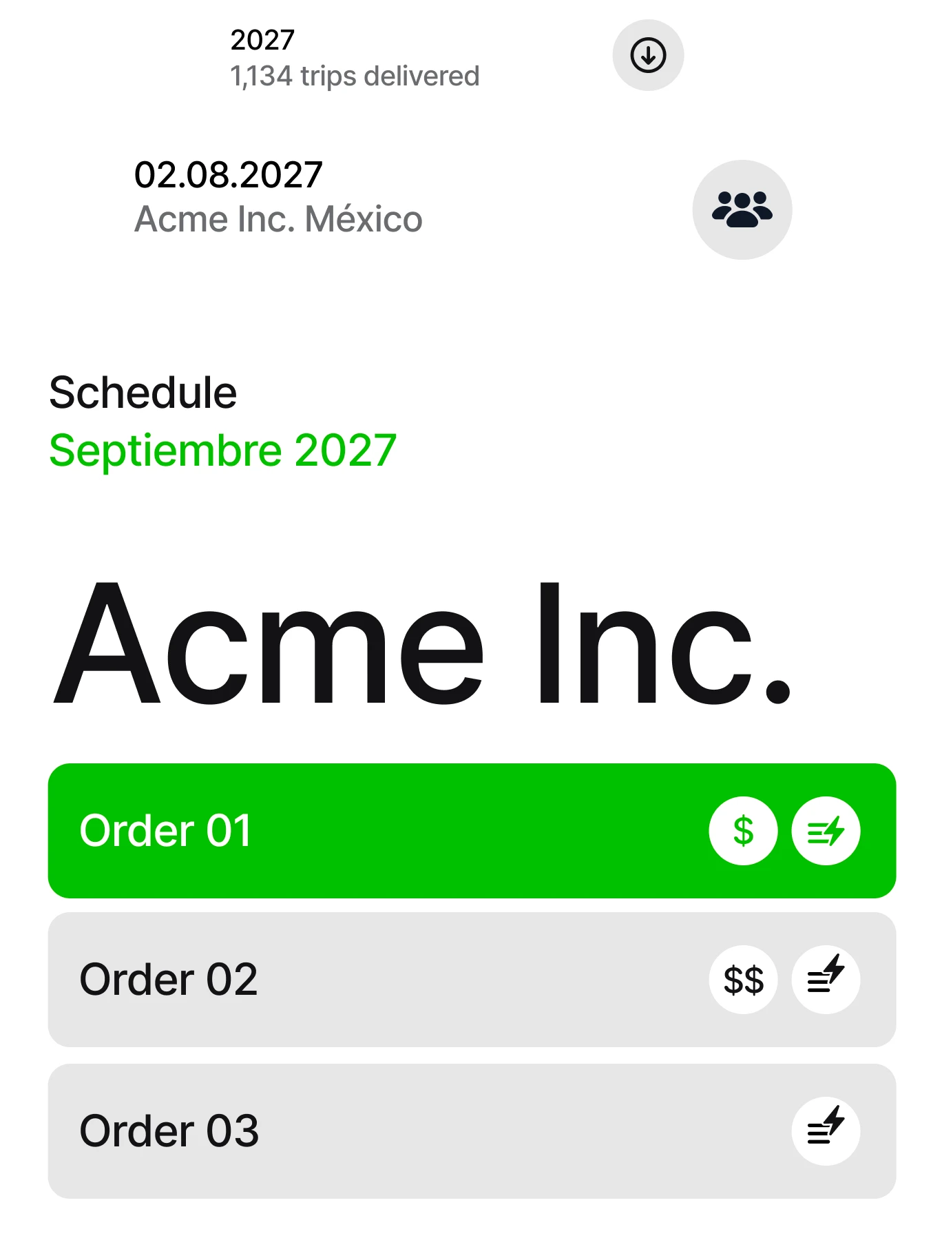 ancor app receiving an order: the Acme Inc. schedule for September 2027 with three orders, 1,134 trips delivered.
